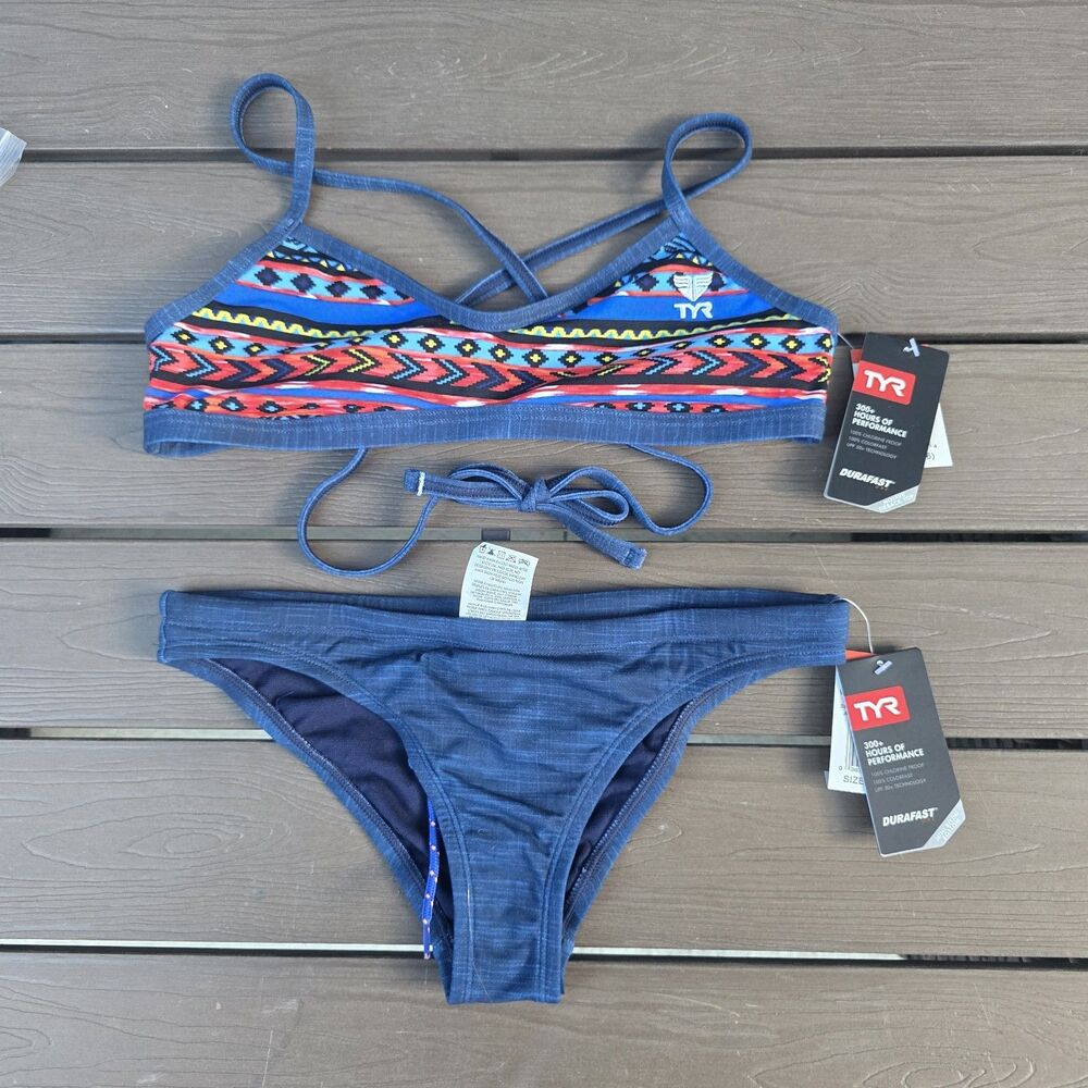 TYR Women Sante Fe Crosscutfit Tie Top & Navy Sandblast Workout Bikini Sz S New